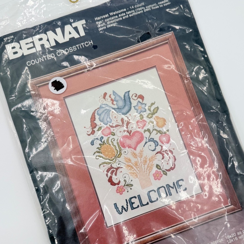 Vintage '84 Bernat Harvest Welcome Cross Stitch Kit 14ct DMC Floral Bird H04106